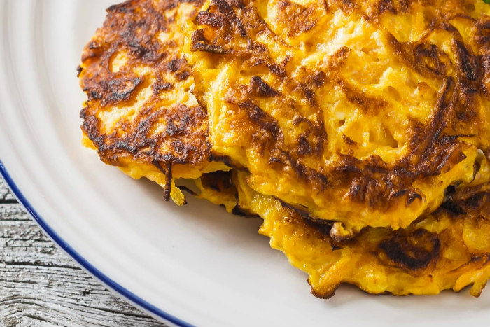 Close up of vegan sweet potato latkes on a white plate 